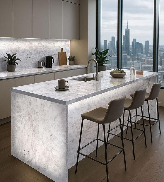 Illuminated white stone kitchen island — Cristallo material unverified